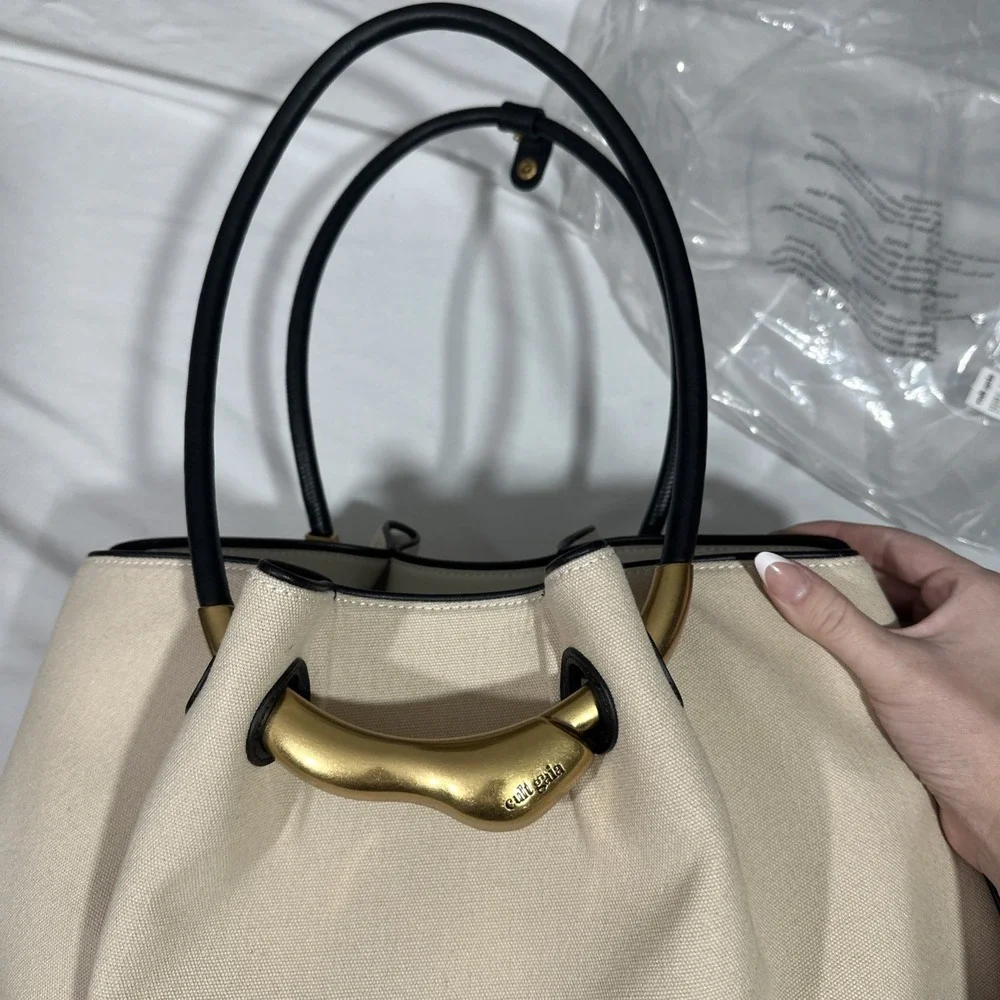 NWT $598 Cult Gaia‎ ASA Canvas & Leather Satchel Large Bag in Beach Nude